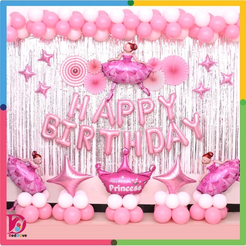 bóng hình công chúa bale, bóng kitty, bóng hình bông hoa, bóng xe Happy bỉrthday trang trí sinh nhật cho bé