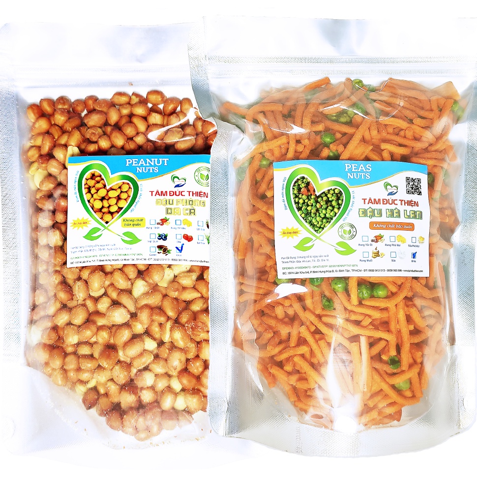 Combo 2 Túi 2 Vị: Đậu Phộng Rang Muối 500GR và Bim Bim Que &amp; Đậu Hà Lan 405GR Tâm Đức Thiện