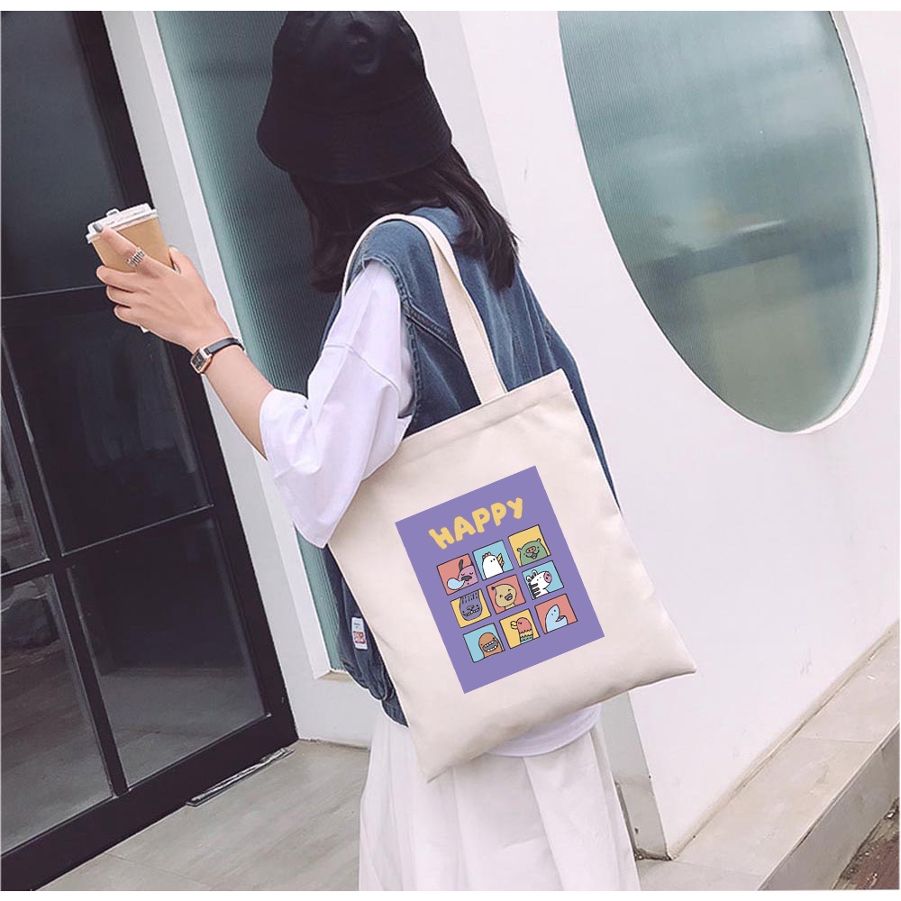 Túi Tote vải mộc GINKO Kiểu Basic Dây Kéo In Hình Cartoon M86