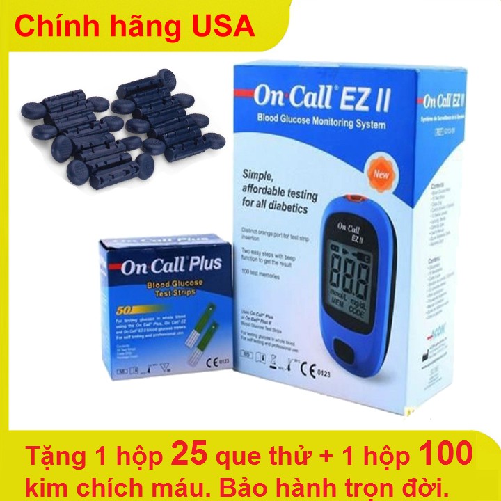 Máy đo đường huyết Acon USA Oncall EZ II dành cho người tiểu đường + tặng 25 que thử + 50 Kim chích máu