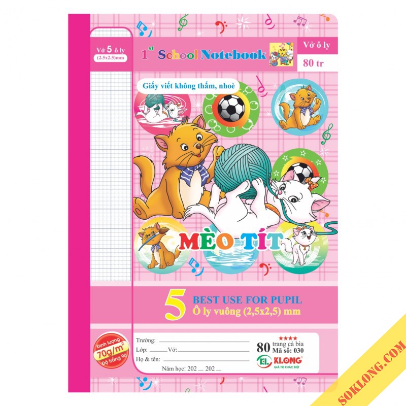 Vở ô ly 80 trang B5 Klong Chích Bông MS 030 giấy ghim tập vở ô vuông viết bài dễ thương SOKLONG