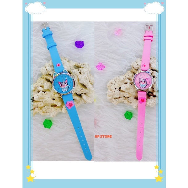 ❤️Đồng Hồ Nữ, Đồng Hồ Bé Gái + Tặng Pin, Mặt Mèo, Dây Da Xanh Dương, Hồng Cao Cấp Như Hình