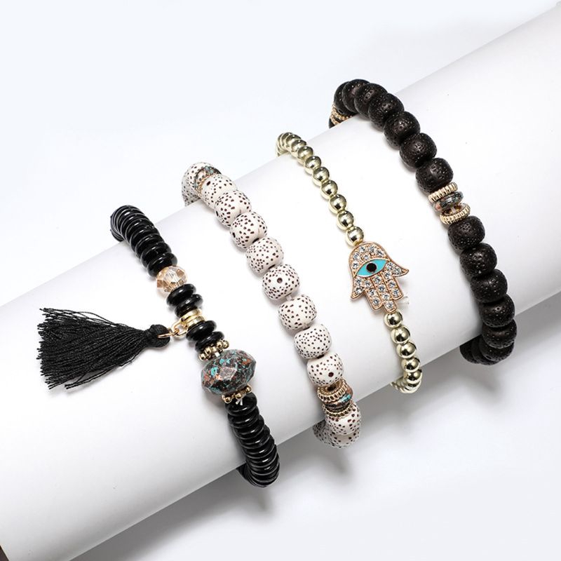 Set 4 vòng đeo tay kiểu chuỗi hạt may mắn hình bàn tay Hamsa độc đáo