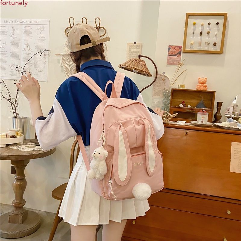 Thỏ Ba Lô Đi Học Nữ Công Suất Lớn Lưng Hồng Nữ Bagpack Nylon Hoạt Hình Schoolbag
