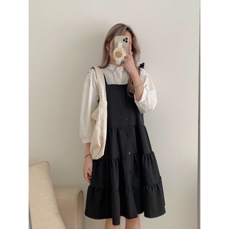 Sét váy Yếm Cúc Dọc Thân Thắt Nơ Vai Kèm Áo Sơ Mi