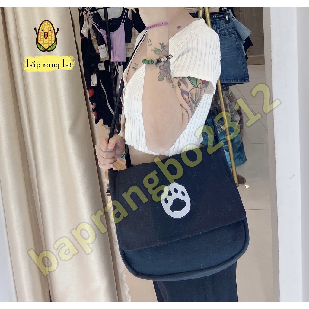 TÚI TOTE ĐEO CHÉO PHẢN QUANG CHÂN MÈO UNISEX CÓ TÚI CON VẢI CANVAS ULZZANG PQ03