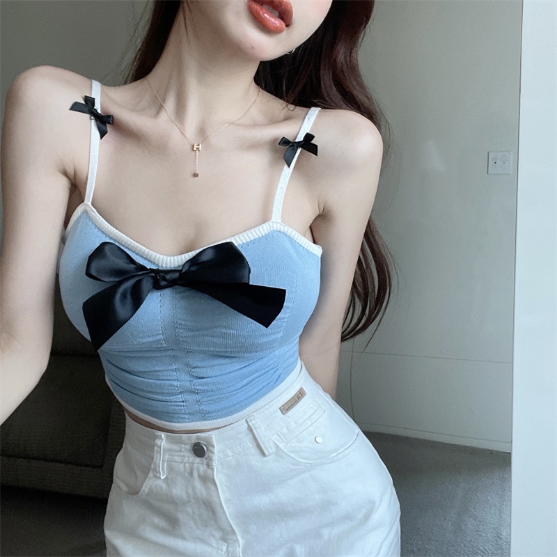 Áo Hai Dây Dáng Ngắn Phối Nơ Màu Tương Phản Thời Trang Mùa Hè Quyến Rũ