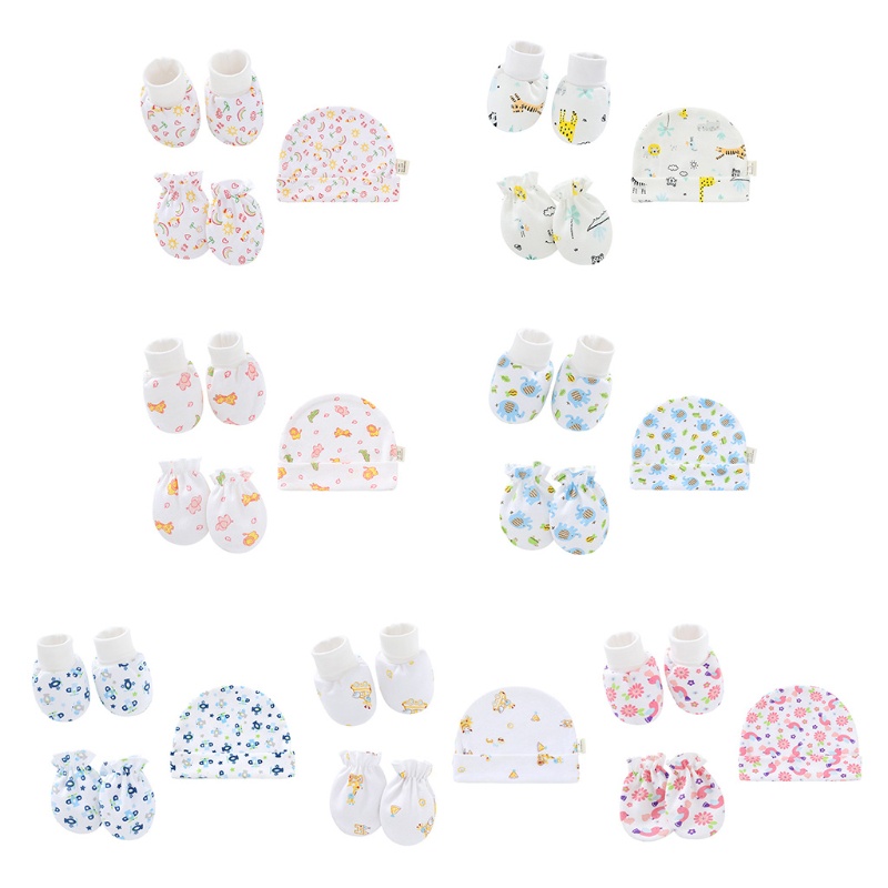 Set 3 Đôi Găng Tay / Mũ / Vớ Bằng Vải Cotton Mềm Thoải Mái Chống Trầy Xước Cho Bé 0-3 Tháng Tuổi