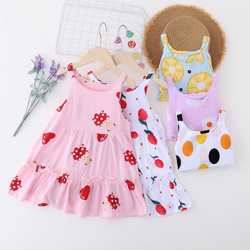 Váy lanh hai dây hoa nhí mềm mịn mát cho bé từ 12-34kg, hàng Quảng Châu loại đẹp