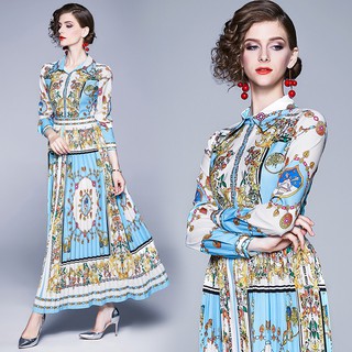 Đầm Maxi tay dài có cổ họa tiết vintage thời trang cho nữ