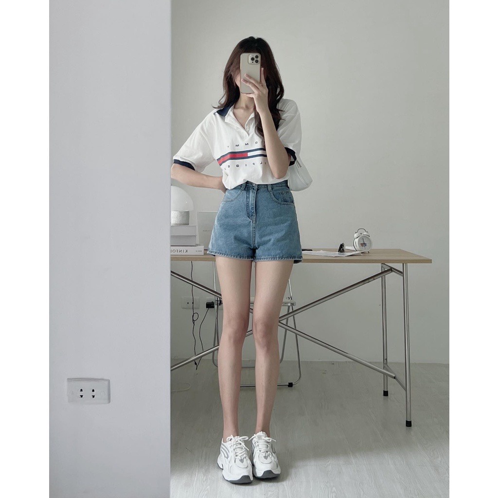 Áo polo nữ form rộng tommy tay lửng, áo thun nữ siêu cá tính