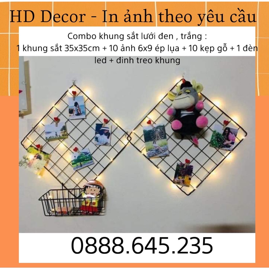 Combo khung lưới sắt đen 35x35cm, 10 ảnh 6x9cm , 10 kẹp gỗ, 1 đèn led in ảnh theo yêu cầu giá