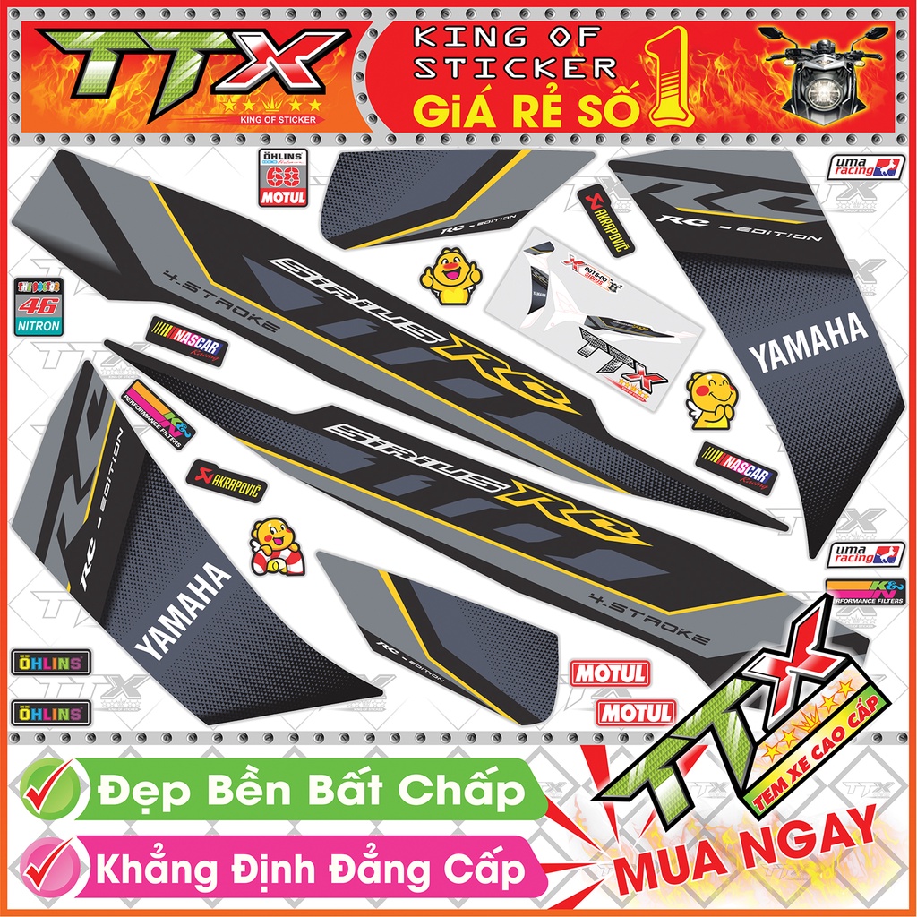 Tem Xe Sirius RC 110 Đen Xám Bạc - Tem Sirius Chỉ Vàng Xám Đen Bạc Siêu Đẹp - Mẫu Team Sirius Đen Xám Bạc