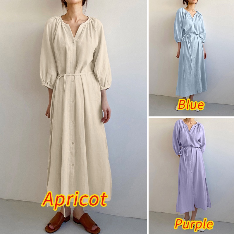 Đầm dài ZANZEA xẻ tà cổ tròn tay lỡ thời trang cho nữ