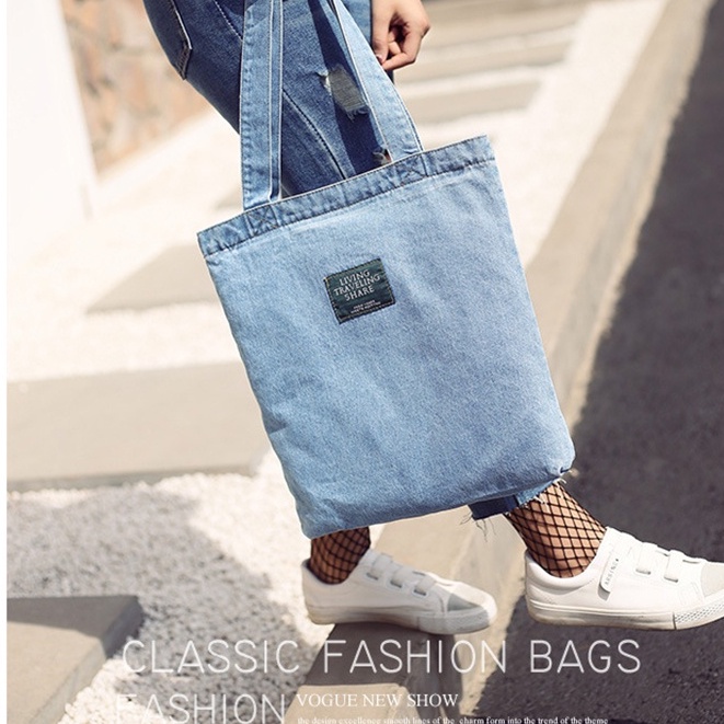 Túi Xách Vải Denim Cỡ Lớn Phong Cách Hàn Quốc Cho Nam Nữ