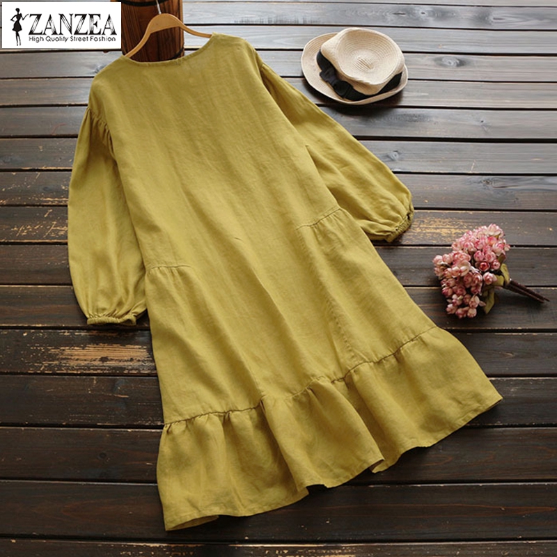 Đầm ZANZEA Tay Dài Màu Trơn Thời Trang Dành Cho Nữ
