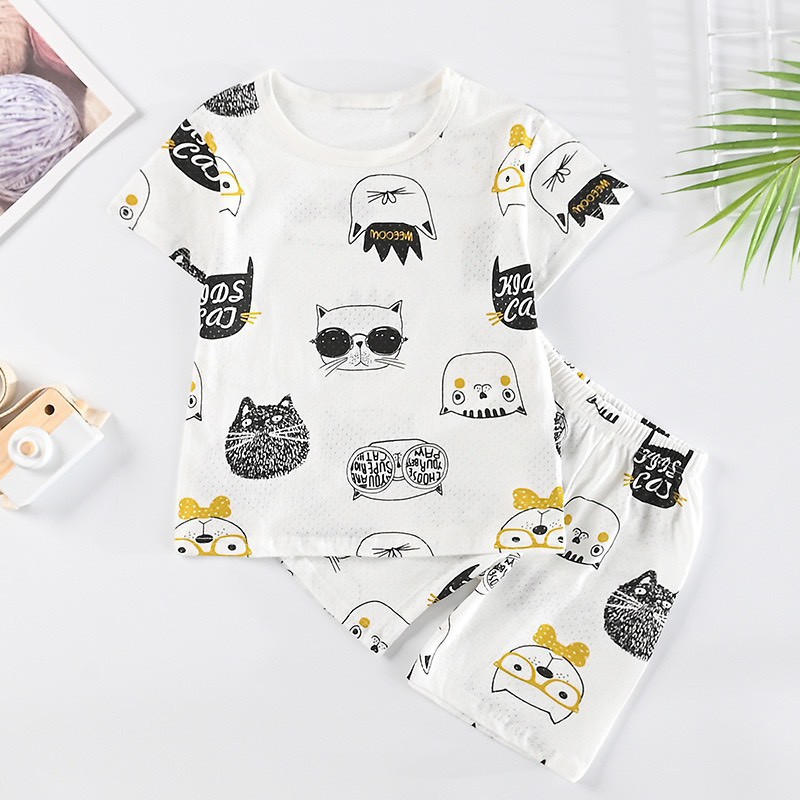 QA [Xả lỗ] Bộ quần áo con nít cộc tay vải cotton thoáng khí bé trai bé gái ngộ nghĩnh, hàng Quảng Châu túi zip hè 2020 2