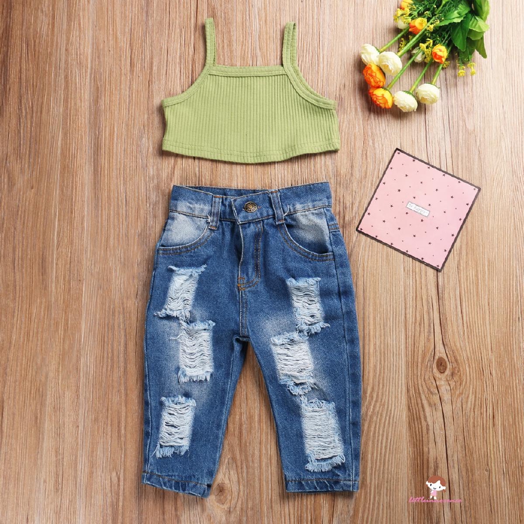 Set Áo Sát Nách Và Quần Jeans Rách Cho Bé Gái