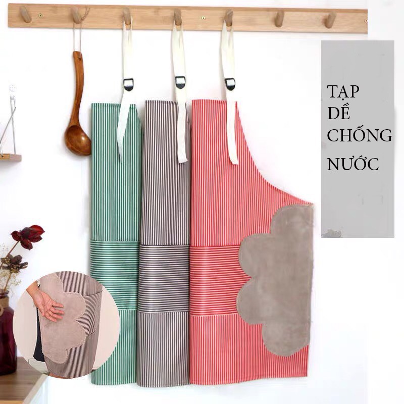 Tạp dề kẻ hoa có khăn lau tay bên hông, tạp dề chống thấm nước