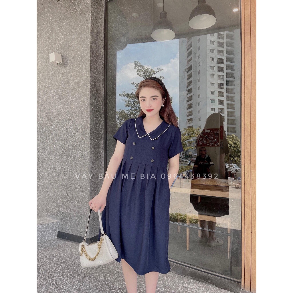 Váy bầu bigsize 40-100kg Đầm bầu công sở Váy bầu đẹp màu xanh dáng baby doll cúc ngực cổ sen nhọn MB236