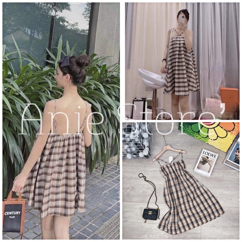 Đầm 2 Dây Caro Babydoll Kẻ Caro 🦋 Váy Nữ Xòe Dáng Lỡ Hở Lưng 🦋