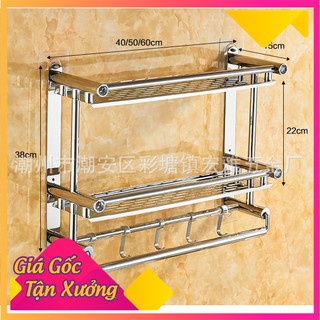 Kệ inox dán tường 2 tầng có móc treo 60cm , giá vắt khăn nhà tắm.
