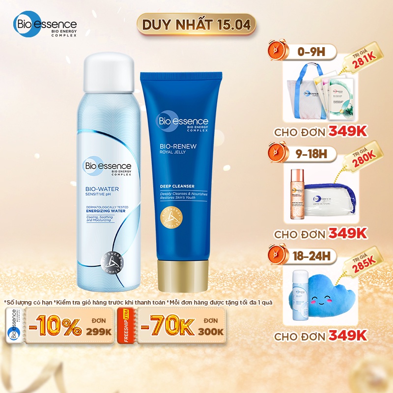 Combo cấp ẩm làm sạch da BioEssence (Nước khoáng BioWater Energizing Water 100ml+Sữa rửa mặt BioRenew sữa ong chúa 100g) | BigBuy360 - bigbuy360.vn