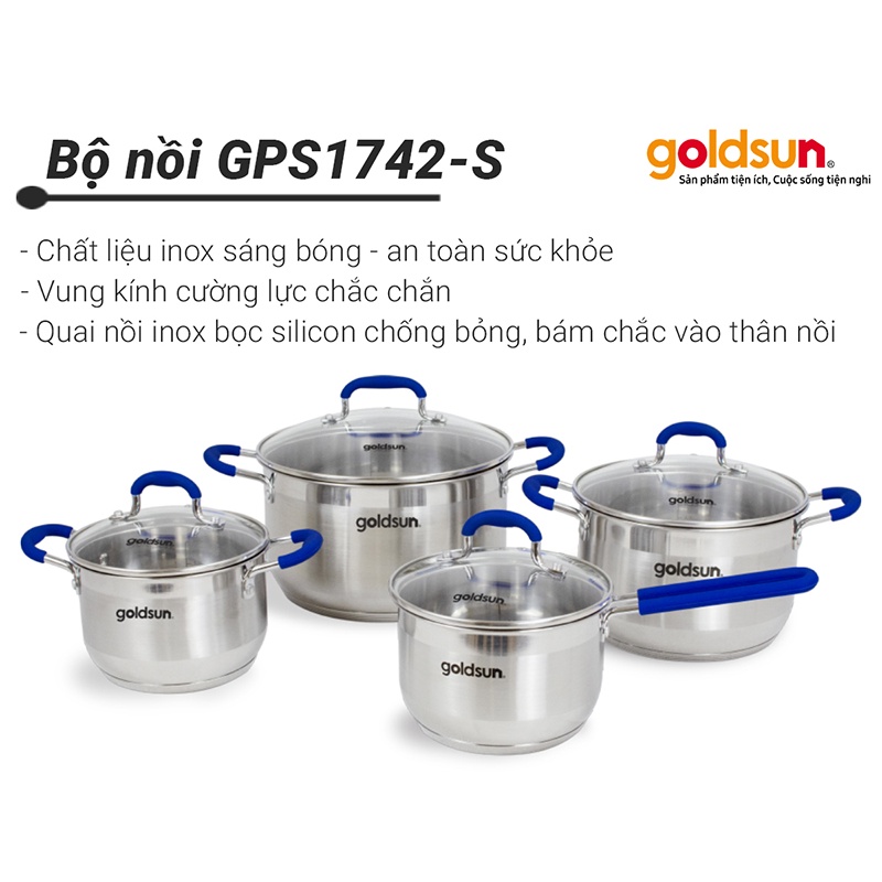 Bộ nồi inox goldsun GPS1742-S 5 đáy sử dụng được bếp từ vung kính chịu lực quay cầm bọc silicon