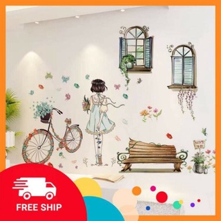 Decal dán tường cô gái xe đạp và cửa sổ công viên