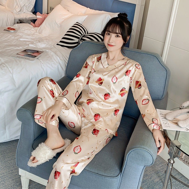 Bộ đồ ngủ tay dài chất lụa mỏng phong cách Hàn Quốc thời trang quyến rũ dành cho nữ