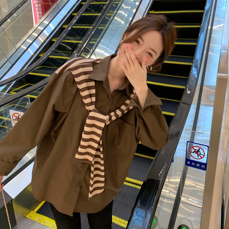 ZHELIHANGFEI Áo Sơ Mi Tay Dài Giả Hai Lớp Họa Tiết Kẻ Sọc Thời Trang Dễ Phối Đồ Cho Nữ