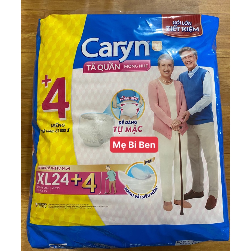 [GÓI LỚN XL24] Tã/Bỉm Quần Người Lớn Caryn Mỏng Nhẹ Chống Tràn Size XL24 Miếng - Chính Hãng