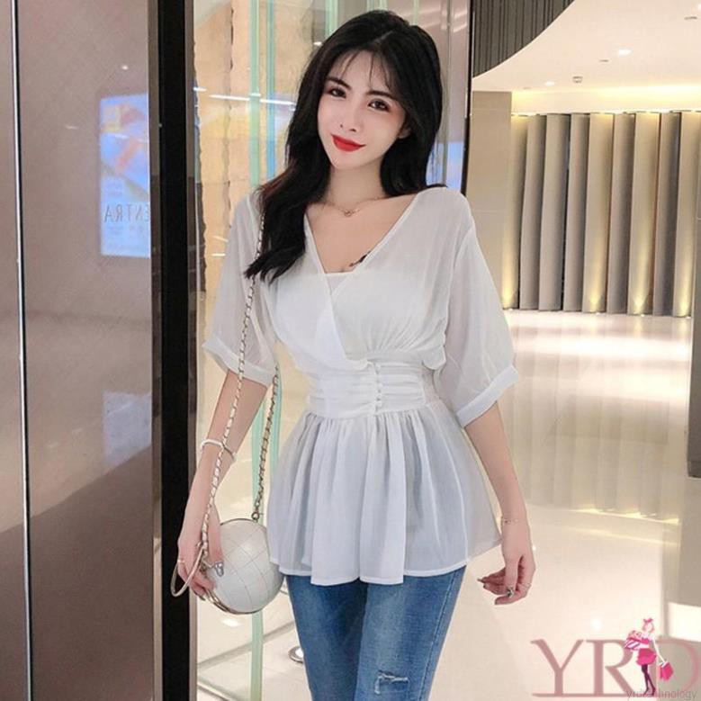 Áo kiểu chất Chiffon màu trơn thiết kế cổ chữ V phong cách Hàn Quốc thanh lịch Đẹp ⚡