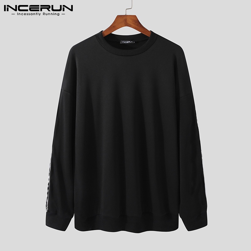 Áo INCERUN dài tay dáng rộng phối dây khóa kéo ghép vải ca rô thời trang dành cho nam