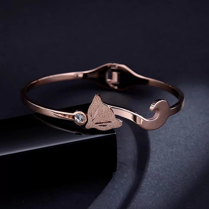 Vòng Tay Thép Titan Mạ Vàng Hồng 18K Mặt Hình Cáo Đính Đá Kim Cương Chống Nước Không Gây Dị Ứng Không Gây Dị Ứng Thời Trang Hàn Quốc
