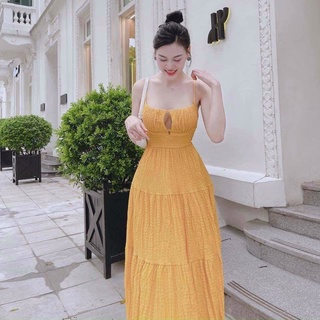 Đầm maxi đi biển 2 dây hở lưng ôm eo