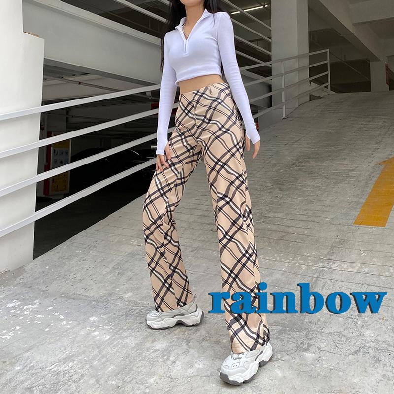 RAINBOW-Women’s Rhombic Plaid Long Pants, Sport Bodycon Leggings Workout Slim Pile Up Pants