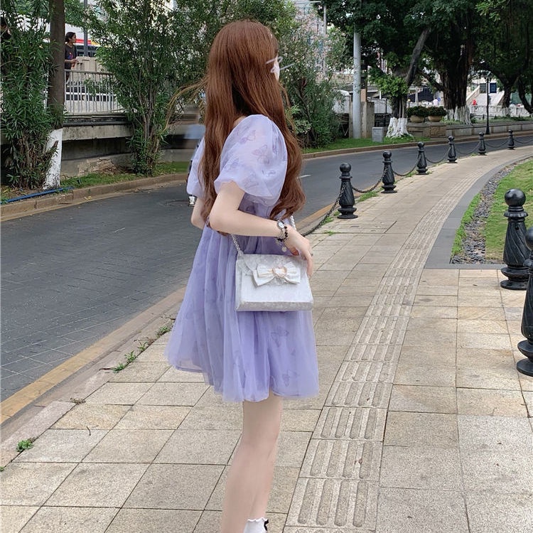 Váy babydoll Đầm Tay Phồng Cổ Vuông Eo Cao Thời Trang Mùa Hè Phong Cách Mới Ngọt Ngào Cho Nữ