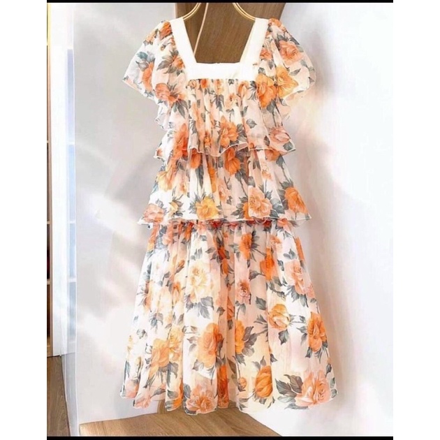 Váy Bầu voan hoa 3 tầng cổ vuông điệu đà☘️váy 2 lớp☘️hàng loại 1☘️chất siêu đẹp☘️freesize VB28