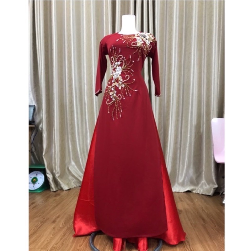 Áo dài đỏ đô ❤️ FREESHIP❤️ Áo dài đính kết ren vàng đồng 2 tà