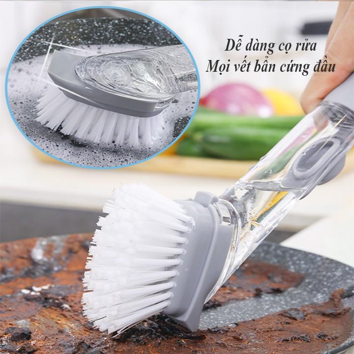 Bàn chải chà sàn/Cọ chà rửa xoong nồi có cán cầm kèm ngăn chứa xà phòng tiện dụng