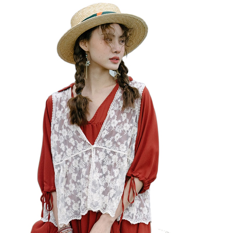 Áo Không Tay Phối Ren Hoa Phong Cách Vintage Thời Trang Cho Nữ