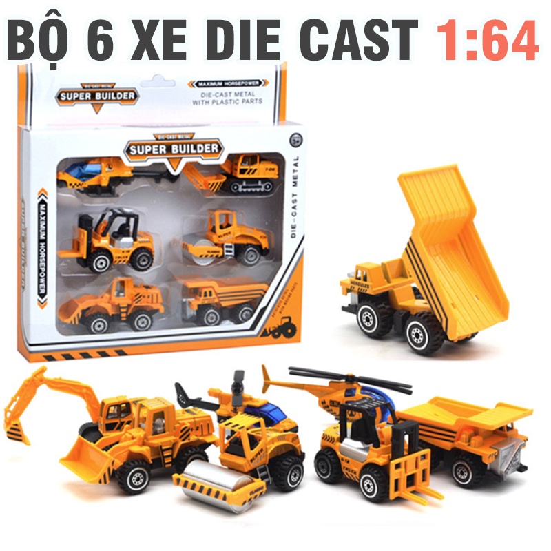 Bộ Xe ô tô công trình die cast mini đồ chơi trẻ em gồm 6 xe - mô hình bằng hợp kim và nhựa tỉ lệ 1:64