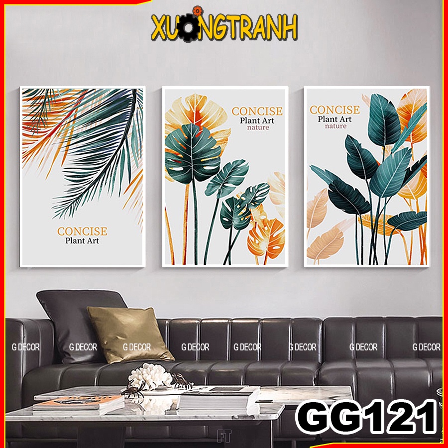 Tranh treo tường canvas 3 bức phong cách Bắc Âu 121, tranh lá trang trí phòng khách, phòng ngủ, phòng ăn
