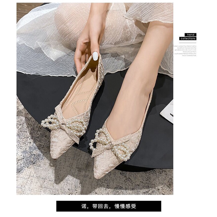 Giày búp bê mũi nhọn đính nơ và ngọc trai thời trang 2021 cho nữ