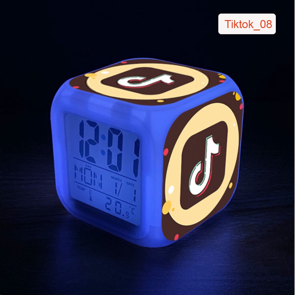 [Cute] Đồng Hồ Báo Thức Để Bàn in Hình Biểu Tượng Tiktok 2021 LED Đổi Màu. Hiển Thị Ngày Tháng, Nhiệt Độ. Tặng 4 Pin AAA