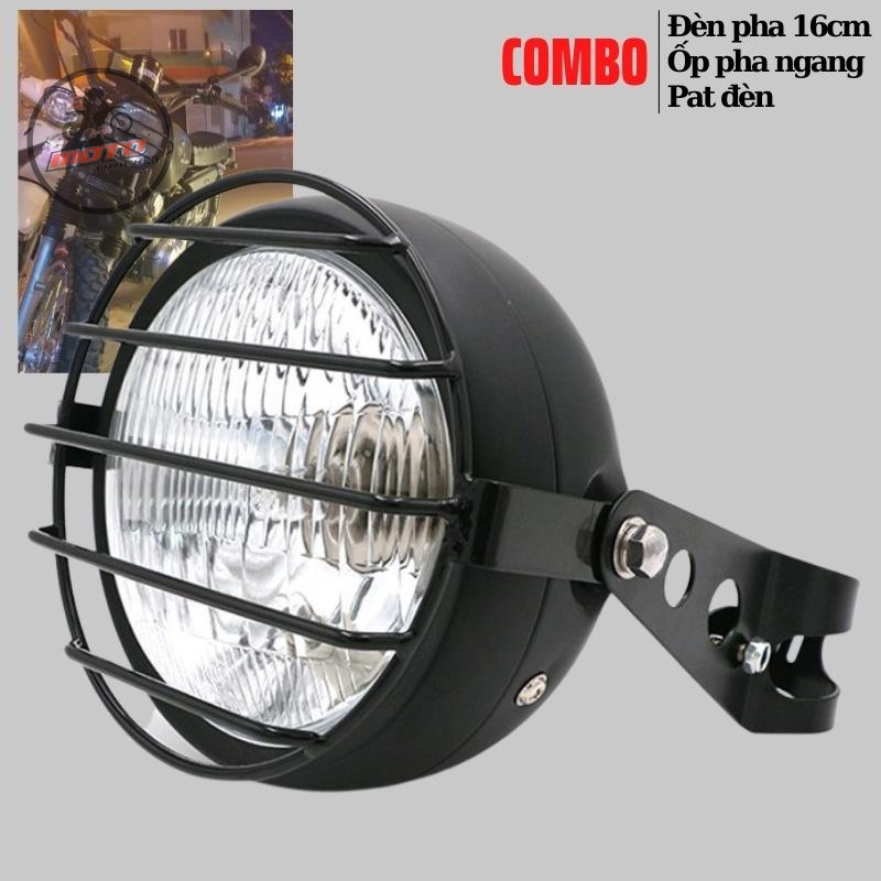 Combo gồm đèn pha xe máy 16cm có lưới bảo vệ kèm bộ pat gắn vào phuộc độ win, gn125, cafe racer