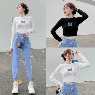 ÁO CROPTOP TAY DÀI THÊU BƯỚM CUỐN BIÊN - A2222
