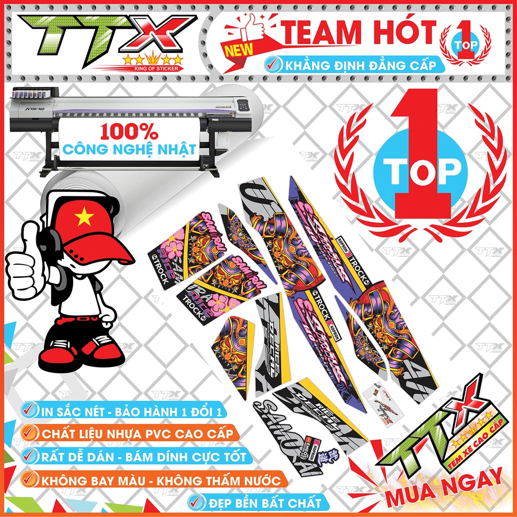 Tem rời sirius samurai , Team chế sirius dán xe màu tím nền đen chữ hồng siêu đẹp , Shop TTX Tem xe sirius mã