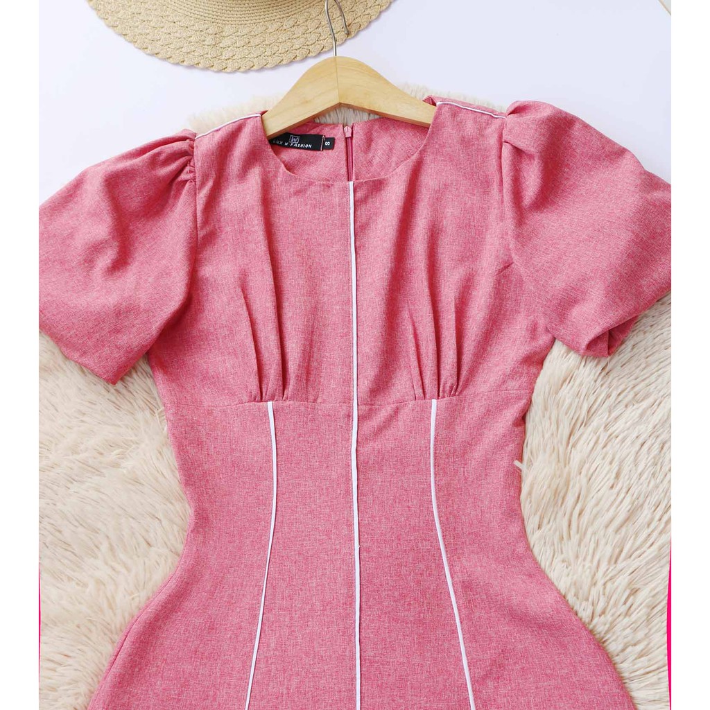Đầm công sở nữ hồng thiết kế dáng chữ a thanh lịch tay ngắn thoải mái viền trắng giúp thon cao (thời trang công sở)